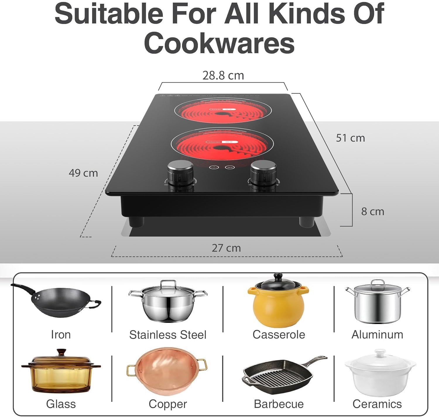 VBGK Electric Cooktop,110V 2400W Electric Stove Top with Knob Control,9 Power Levels, Kids Lock & Timer,LED touch control,Overheat Protection Electric stove,24 Inch desktop 2 burner - Image 3