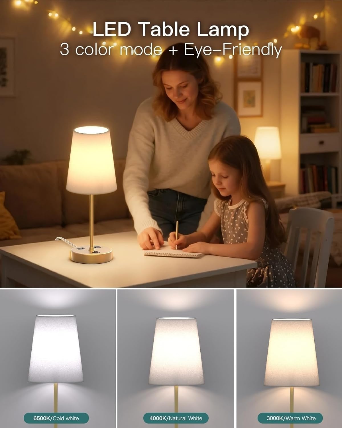 Bedside Table Lamp for Bedroom, 3-Way Dimmable Lamp with AC Outlet and USB C Charging Ports(PD 20W), Lamps with Shade for Night Stands, Living Room, Desk, and Home Office - Image 2