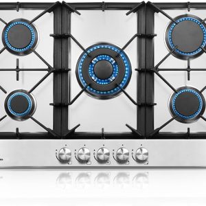 ThermoMate Light 30 Inch Gas Cooktop, Built In Gas Rangetop with 5 High Efficiency Burners, NG/LPG Convertible Stainless Steel Gas Stove Top with Thermocouple Protection, 120V AC