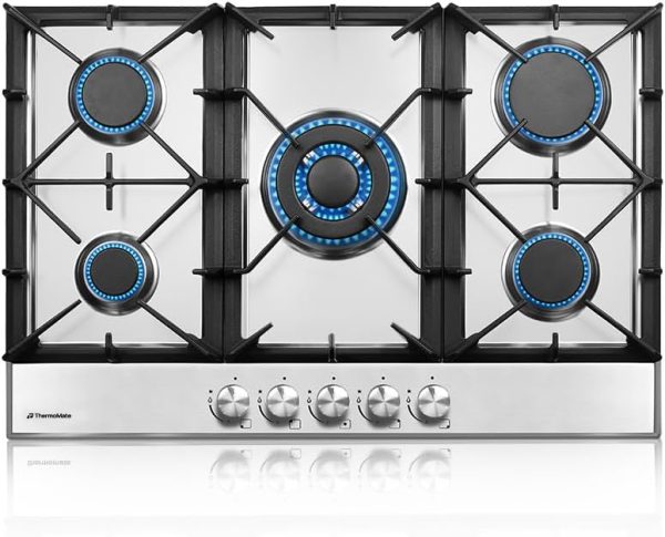 ThermoMate Light 30 Inch Gas Cooktop, Built In Gas Rangetop with 5 High Efficiency Burners, NG/LPG Convertible Stainless Steel Gas Stove Top with Thermocouple Protection, 120V AC