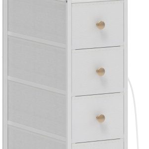 Tohomeor Narrow Dresser Tall Skinny Storage Tower Vertical Slim Chest of Drawers with Charging Station Small Nightstand Side Table for Bedroom, Bathroom, Small Spaces (White, 4 Drawers)