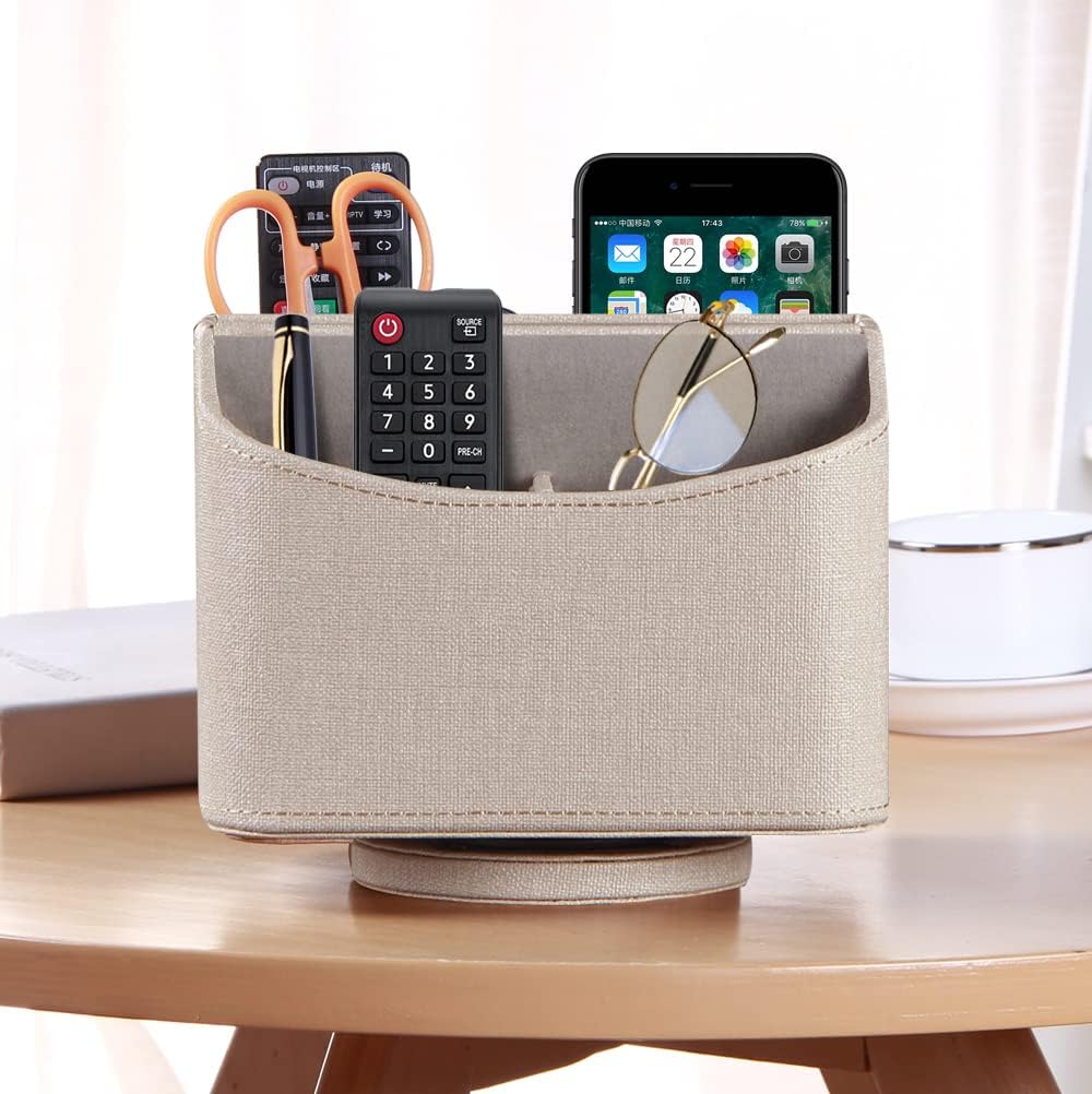 PUSU Leather 360°Rotatable Remote Control Holder,Nightstand TV Remote Caddy,Office Supplies Desktop Organizer,Spinning Storage Box for Pen,Mail,Phone,DVD, Blu-Ray, Media Player, Heater Controllers - Image 4