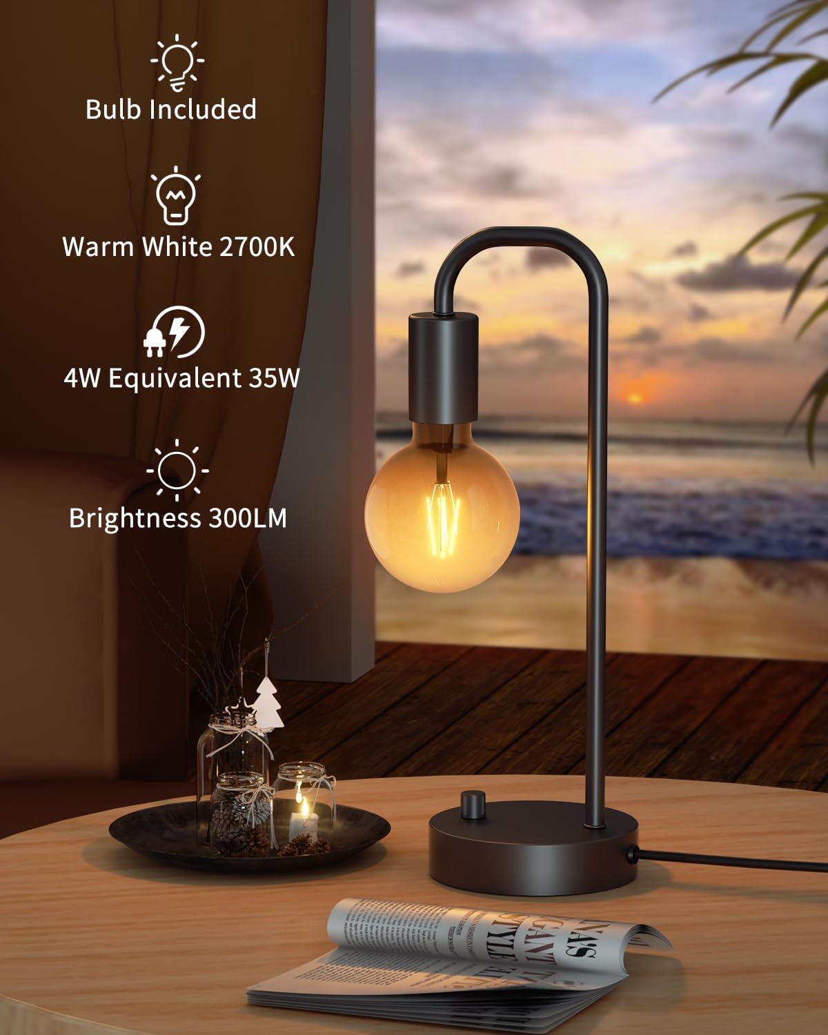 ONEWISH Industrial Table Lamp for Bedroom, Fully Dimmable Modern Bedside Lamps with 2700K Warm Light Bulb for Kids Reading, Minimalist Nightstand Lamps for Living Room, Office (Bulb Included) - Image 3