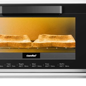 COMFEE' Mini 2-Slice Toaster Oven, Countertop toaster oven, 2-Knobs Easy to Control with Timer for Bake, Broil, Toast, 1000W, Black/White (CO-B08AA(BK))