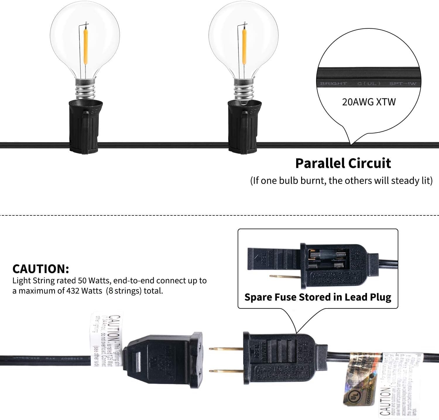 Brightown Led String Lights Outdoor 55Ft G40 Patio Lights with 52 Led Shatterproof Bulbs(2 Spare), Waterproof Led Globe Hanging Lights for Backyard Porch Bistro Balcony Decor, E12 Socket, 2200K - Image 7