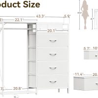 KKL 43" W White Dresser for Bedroom with Hanging Rack, Reversible 6 Drawers Dresser with Led Lights & Charging Station, Fabric Closet Dressers & Chest of Drawers with Clothes Rack for Girls, Kids - Image 2