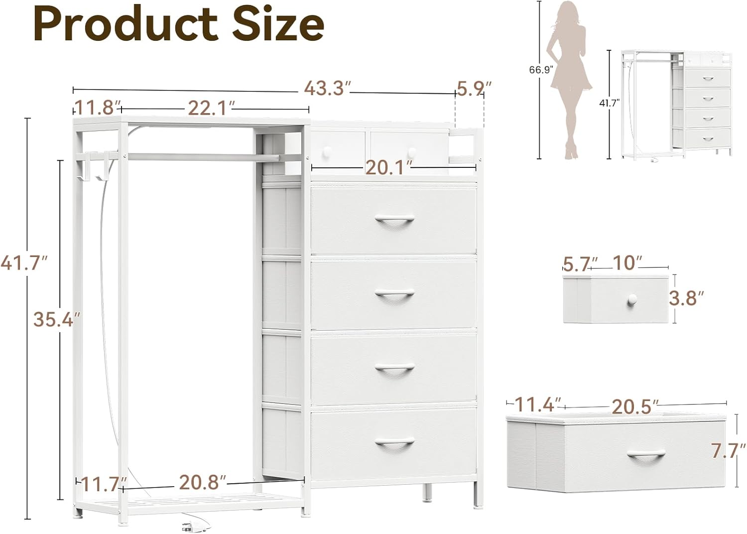 KKL 43" W White Dresser for Bedroom with Hanging Rack, Reversible 6 Drawers Dresser with Led Lights & Charging Station, Fabric Closet Dressers & Chest of Drawers with Clothes Rack for Girls, Kids - Image 2