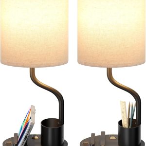 Bedside Table Lamps for Bedroom Set of 2 - Nightstand Light with AC Outlet and USB A & C for Charging, 3 Color Temperatures, Study Desk Lamp with Pen Holder & Phone Stand for Living Room/Dorm/Office