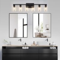 6 Light Bathroom Vanity Light, Matte Black Vanity Light Fixtures, Large Vanity Lights for Bathroom, Farmhouse Light Fixtures with Clear Glass Shade for Bathroom Over Mirror - Image 2