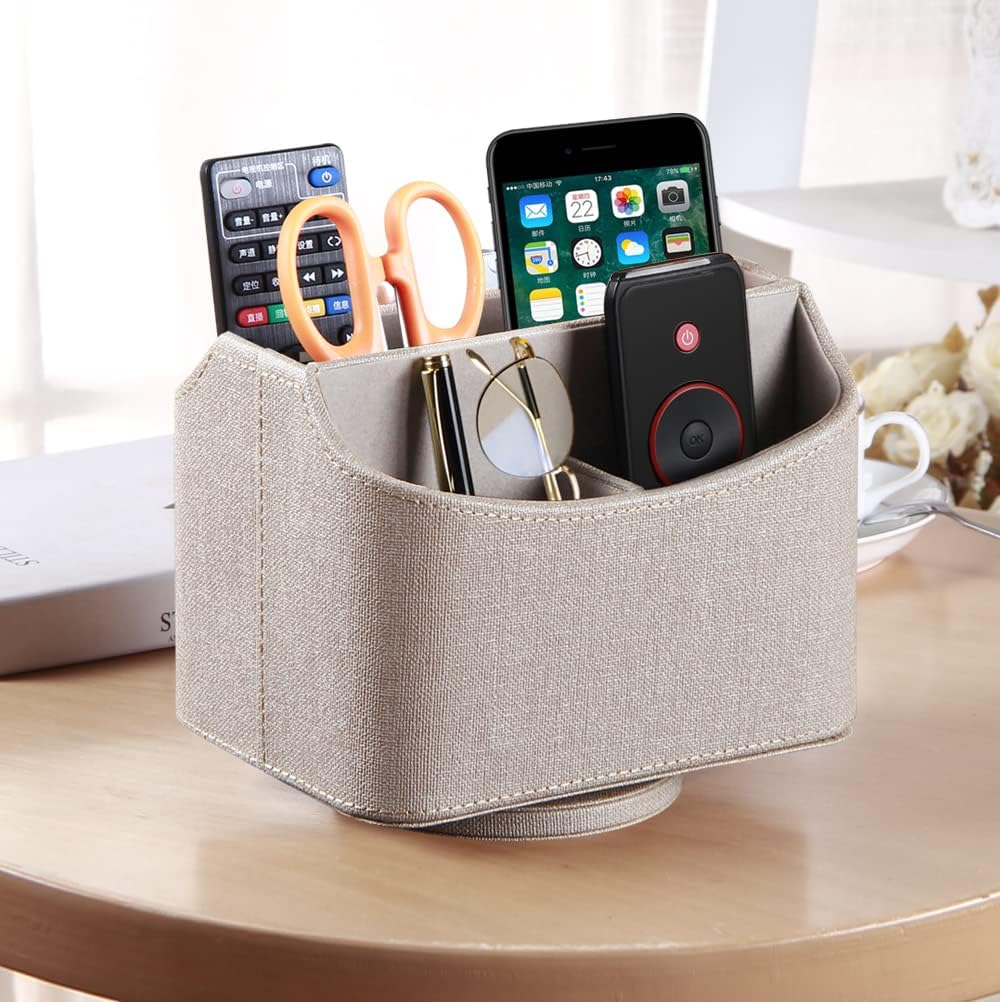 PUSU Leather 360°Rotatable Remote Control Holder,Nightstand TV Remote Caddy,Office Supplies Desktop Organizer,Spinning Storage Box for Pen,Mail,Phone,DVD, Blu-Ray, Media Player, Heater Controllers - Image 3