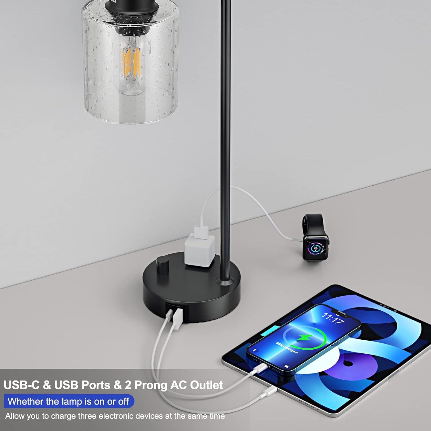 Industrial Bedside Table Lamp for Bedroom - Nightstand Lamps with USB C Charging Port, Fully Dimmable Black Ports and Outlets, Small Desk Glass Shade Office Living Room - Image 3