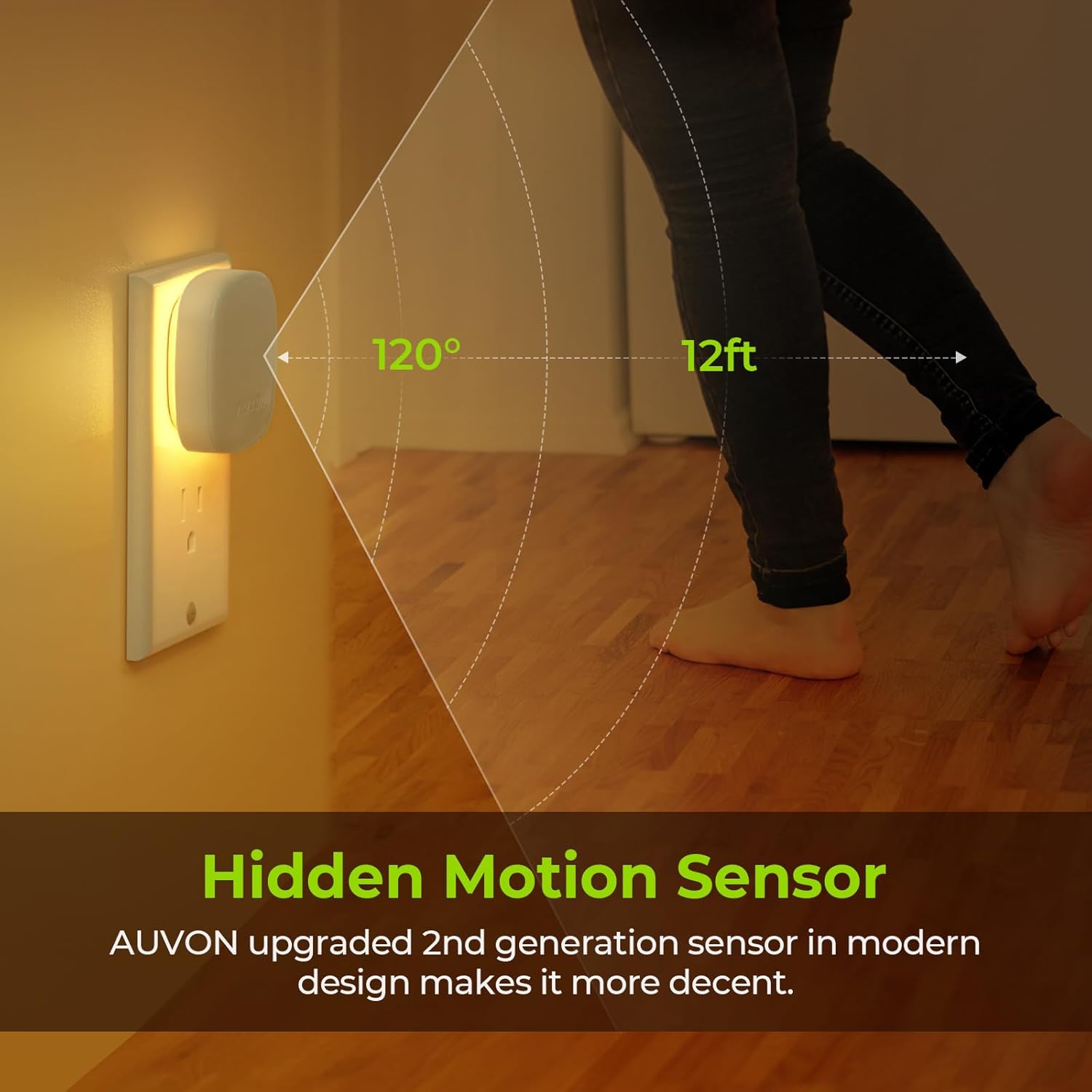 AUVON Plug-in LED Backlit Night Light with Motion Sensor & Dusk to Dawn Sensor, Dimmable Warm White Nightlight with 1-50 lm Adjustable Brightness for Bedroom, Bathroom, Stairs, Hallway (4 Pack) - Image 4