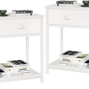 Furologee White Nightstands Set of 2, End Table with Fabric Drawer, Small Side Table for Small Spaces, 2 Tiers Storage Shelves End Table, Bedside Table for Living Room, Bedroom, Dorm