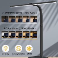 LED Desk Lamp for Home Office, Double Head 24W with Base, Architect Light 5 Lighting Brightness Flexible Gooseneck Table Reading Study, Black - Image 2