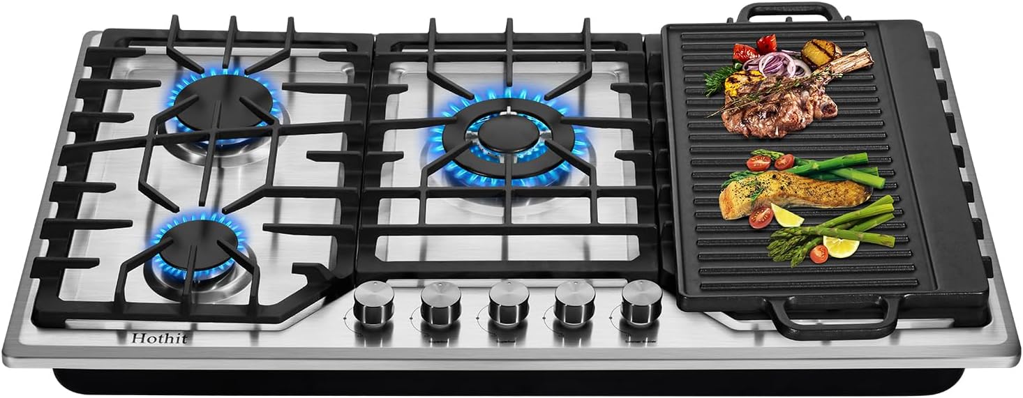 Hothit 5 Burners 36 inch Gas Cooktop, Stainless Steel Gas Range Top, Gas Cooker Stove Propane Gas/Natural Gas Convertible AHT36IN10S-SDKP