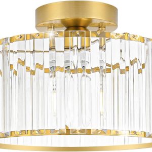 Crystal Ceiling Light Fixture, Modern Semi Flush Mount Ceiling Light, Gold Hallway Lighting Fixtures Chandelier for Kitchen, Close To Ceiling Light Fixtures for Entryway Bedroom, 1-Light, 11Inch
