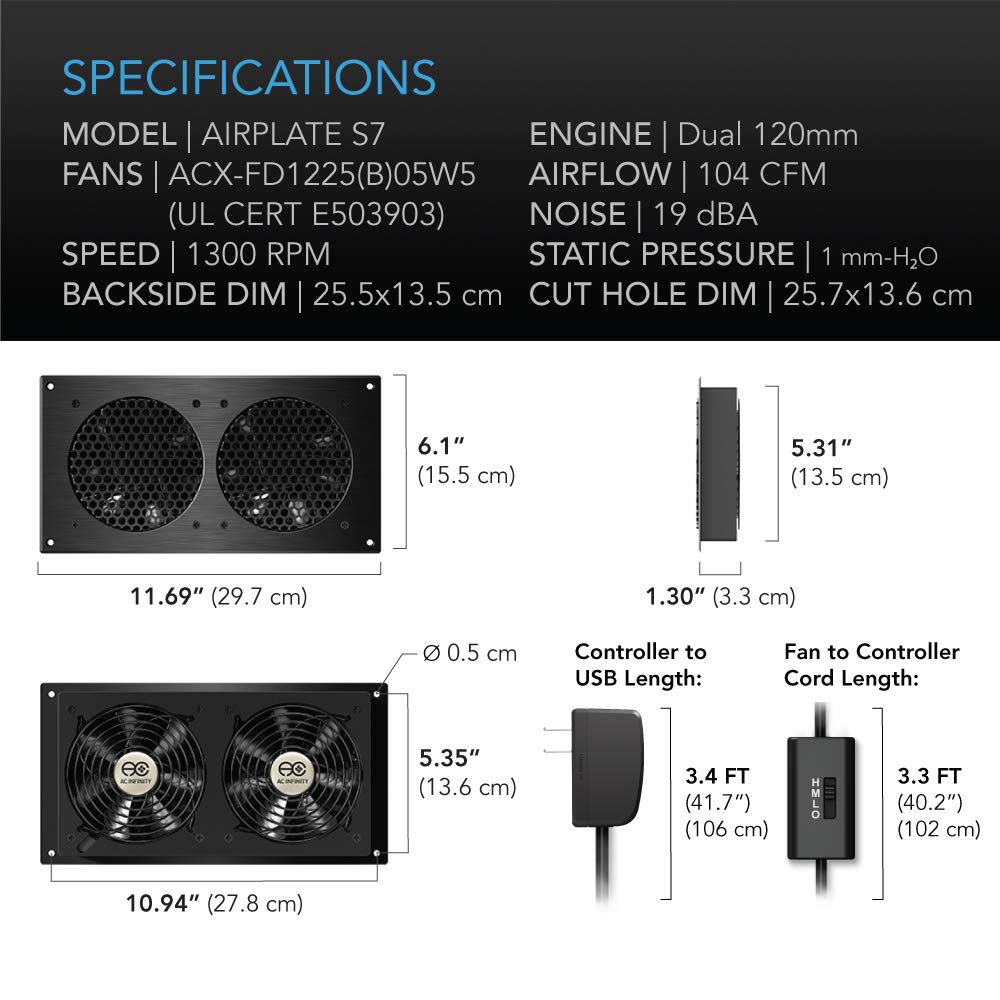 AC Infinity AIRPLATE S7, Quiet Cooling Fan System 12" with Speed Control, for Home Theater AV Cabinets - Image 5