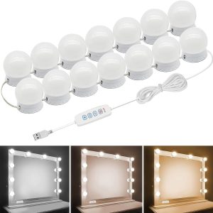 LED Vanity Mirror Lights, Hollywood Style With 14 Dimmable Bulbs, Adjustable Color & Brightness, USB Cable, Stick-on for Makeup Table Dressing Room
