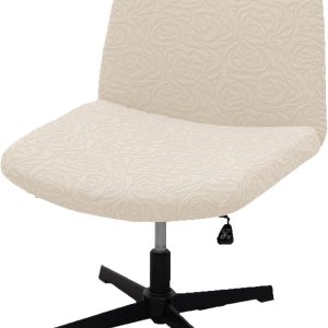 Armless Office Chair Cover, Rose Jacquard, Elastic Criss Cross Design, Mid Back Wide Seat (Cream)