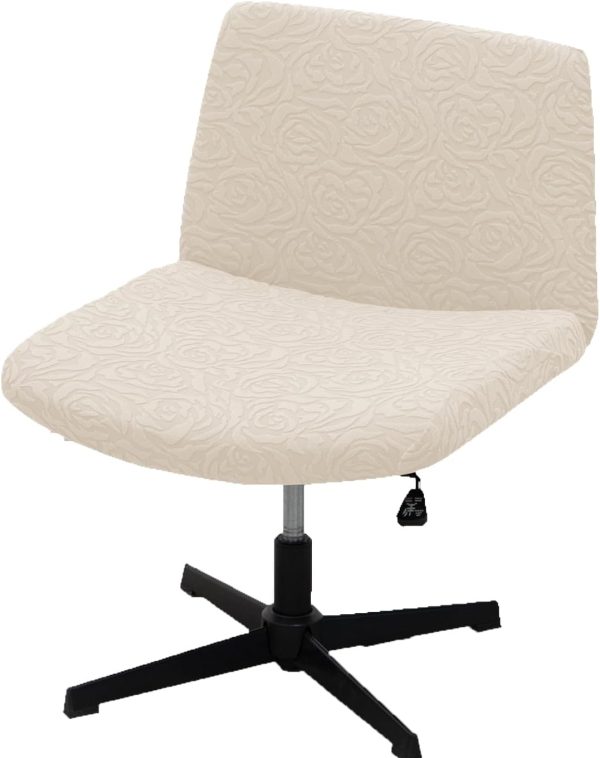 Armless Office Chair Cover, Rose Jacquard, Elastic Criss Cross Design, Mid Back Wide Seat (Cream)