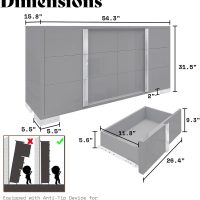 AMERLIFE 54" W High Gloss 6 Drawers Dressers with Silver Grooved Handles, Modern Storage Chest of Drawers with Wide Tabletop, for Bedroom/Dressing Room/Living Room, Grey - Image 2