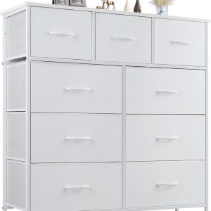 DUMOS Dresser for Bedroom, Storage Organizer with 9 Drawers, Chest of Drawers with Fabric Bins, Sturdy Metal Frame, Wood Tabletop for Guest Room, Closet, Entryway, Nursery