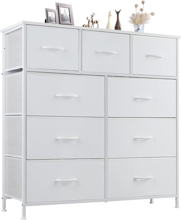DUMOS Dresser for Bedroom, Storage Organizer with 9 Drawers, Chest of Drawers with Fabric Bins, Sturdy Metal Frame, Wood Tabletop for Guest Room, Closet, Entryway, Nursery