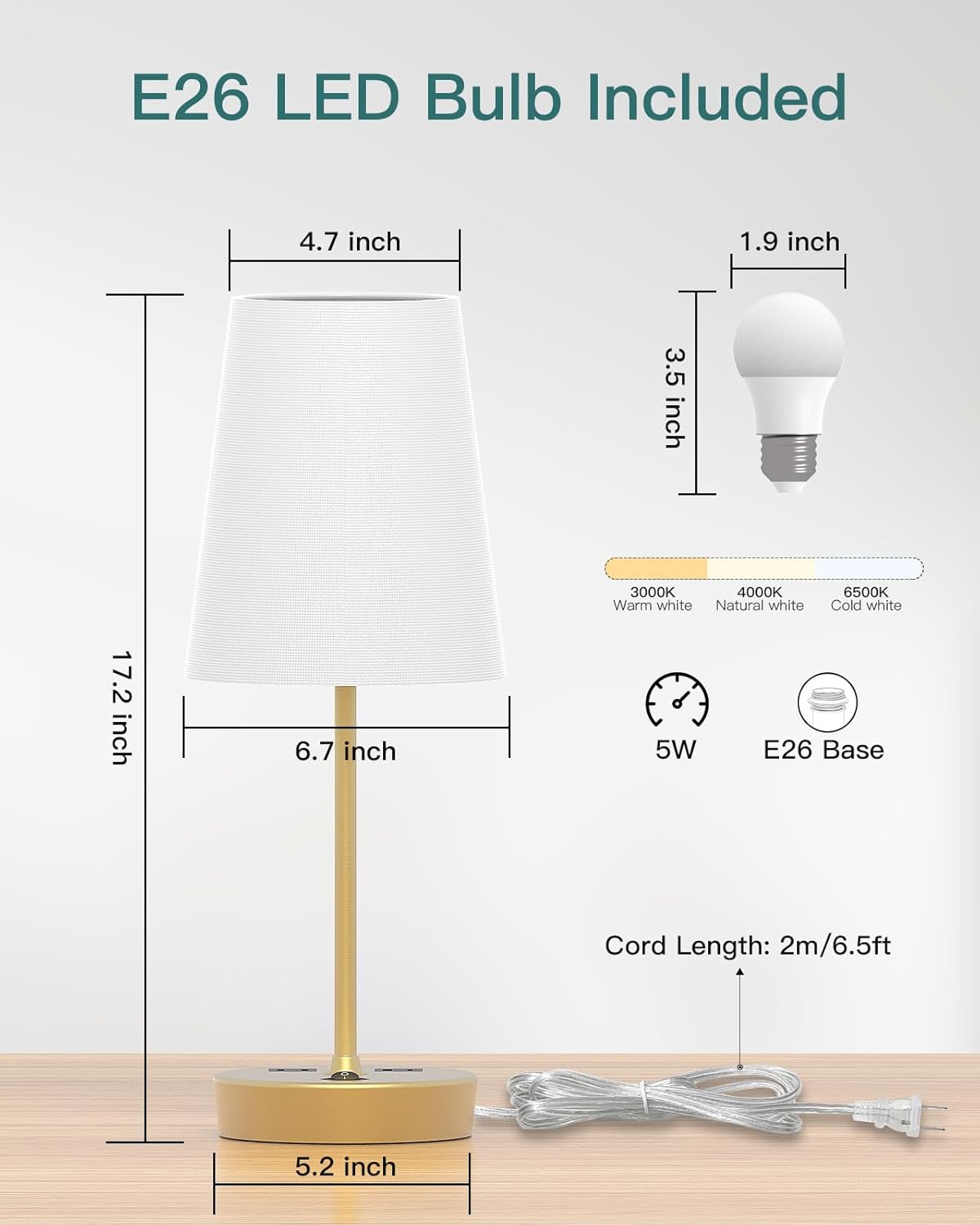 Bedside Table Lamp for Bedroom, 3-Way Dimmable Lamp with AC Outlet and USB C Charging Ports(PD 20W), Lamps with Shade for Night Stands, Living Room, Desk, and Home Office - Image 5