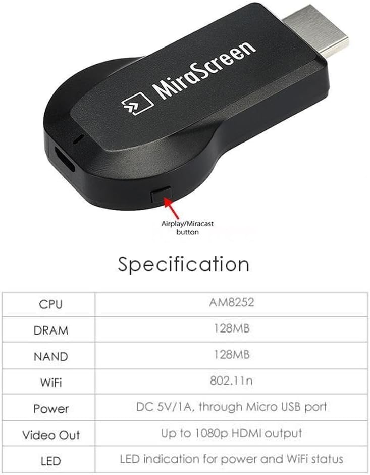 SmartSee MiraScreen Wireless Display Adapter 1080P HDMI Screen Mirroring Media Player TV Stick for Tablet Smartphone - Image 6