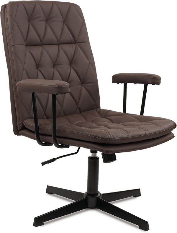CLATINA Brown Office Chair No Wheels, Leather Criss Cross Desk Chairs with Arms, Modern Cross Legged Computer Chair, Mid Back Height Adjustable Swivel Task Vanity Chair for Home Office