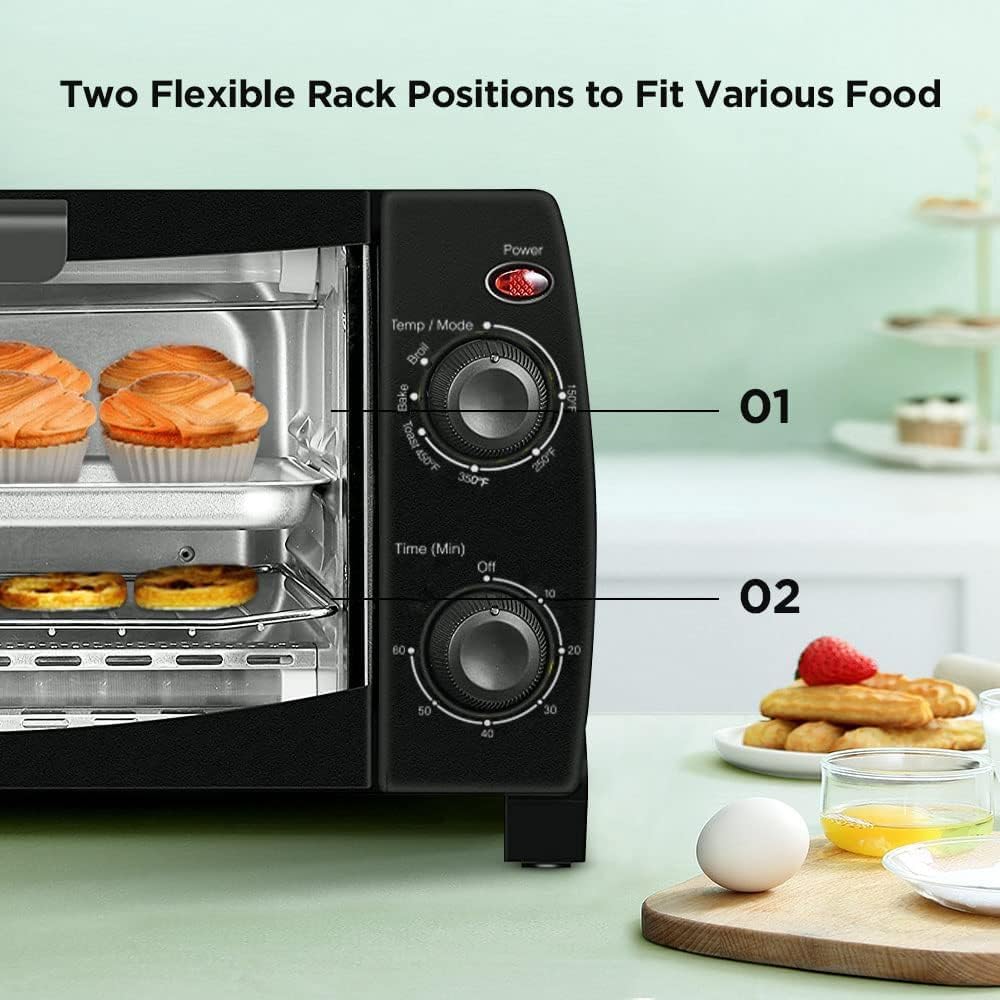 Dominion 4 Slice Small Toaster Oven Countertop, Retro Compact Design, Multi-Function with 30-Minute Timer, Bake, Broil, Toast, 1000 Watts, 2-Rack Capacity, Black - Image 2