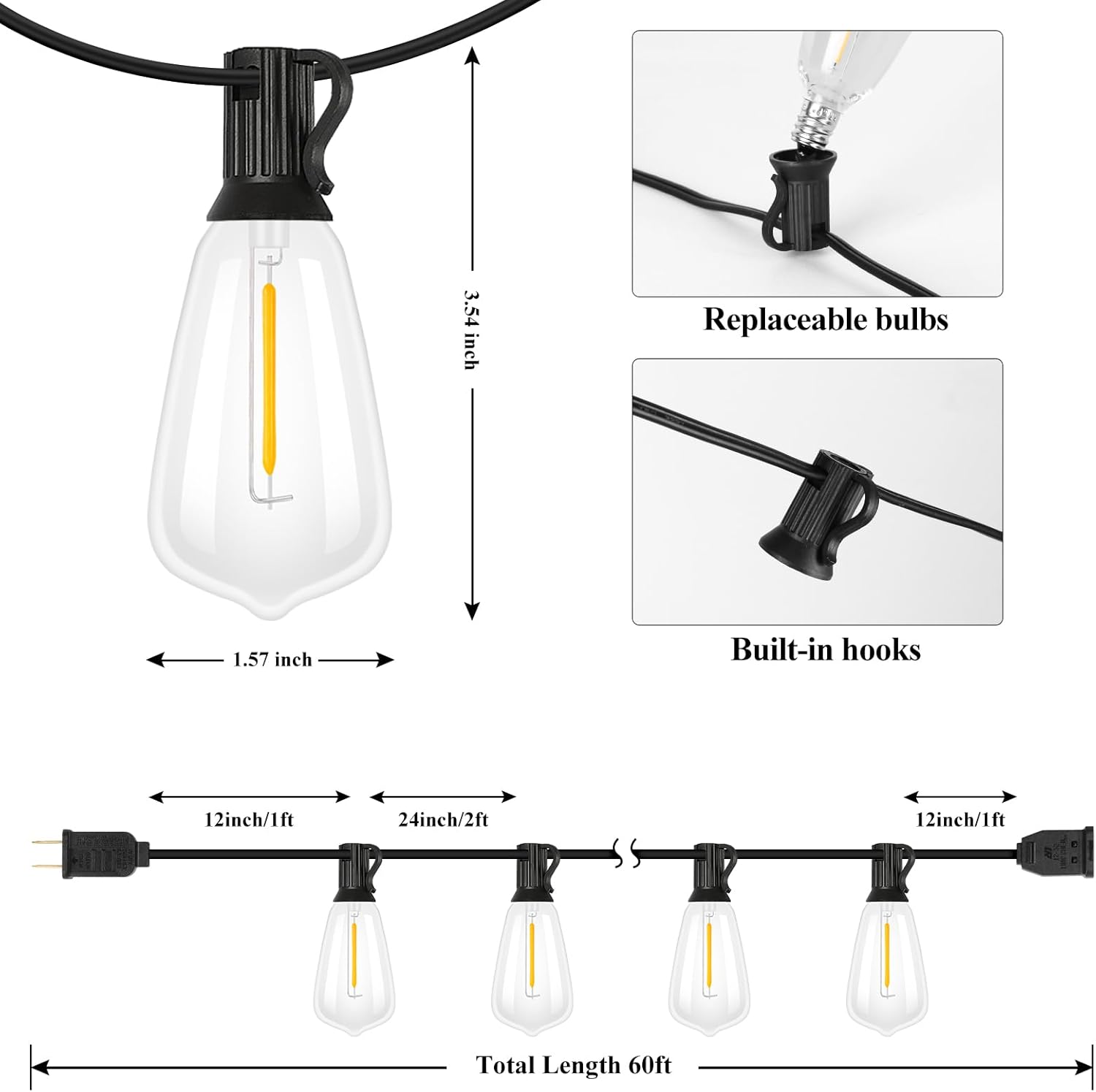 Brightever LED Outdoor String Lights 60FT with 32 Shatterproof ST38 Vintage Edison Bulbs, Outside Hanging Lights Waterproof for Patio, Porch, Deck, Garden, Backyard, Balcony, 2700K Dimmable - Image 3