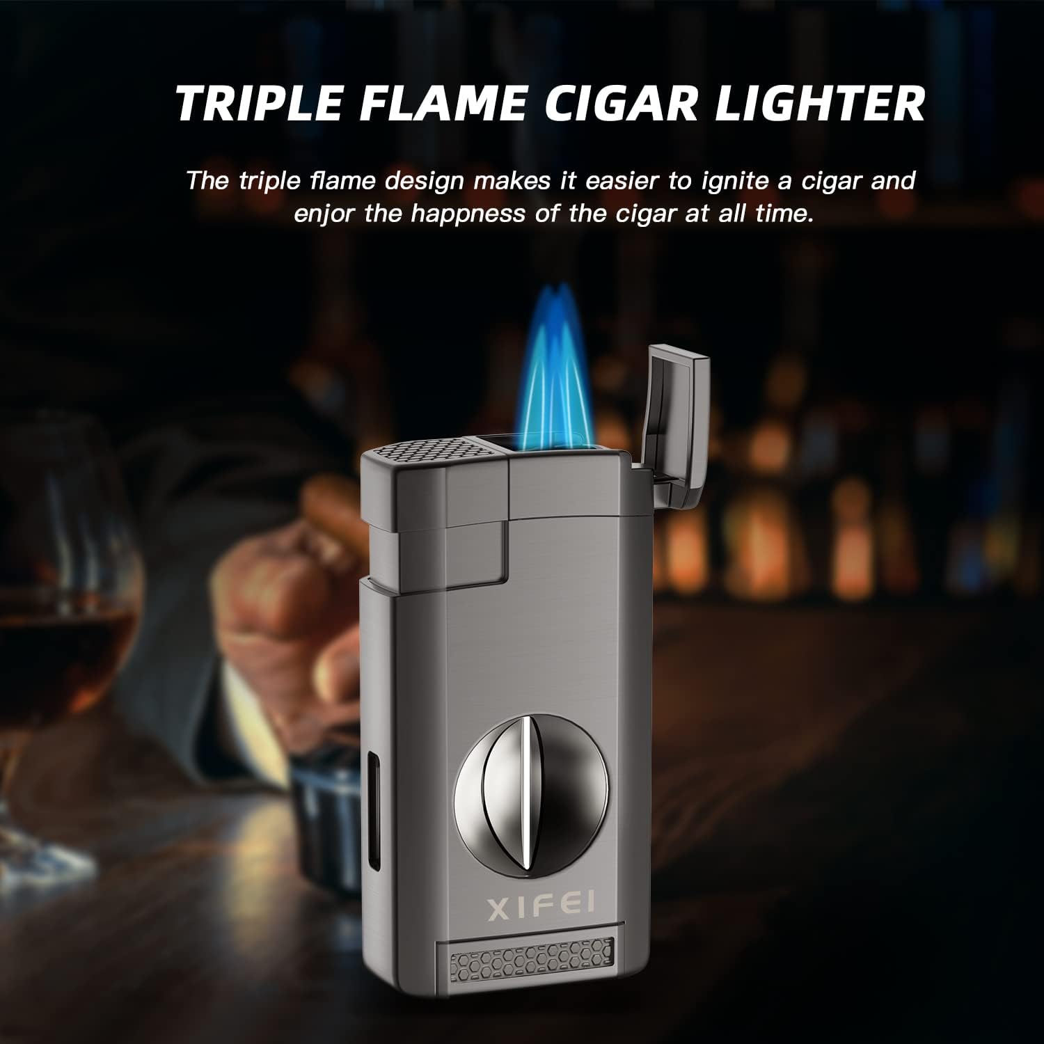 XIFEI Cigar Lighter, Triple Jet Flame Torch Lighter with Cigar Cutter V Cut, Cigar Accessories Cigar Holder, Windproof Refillable Butane Lighters for Smoking with Gift Box - Image 4