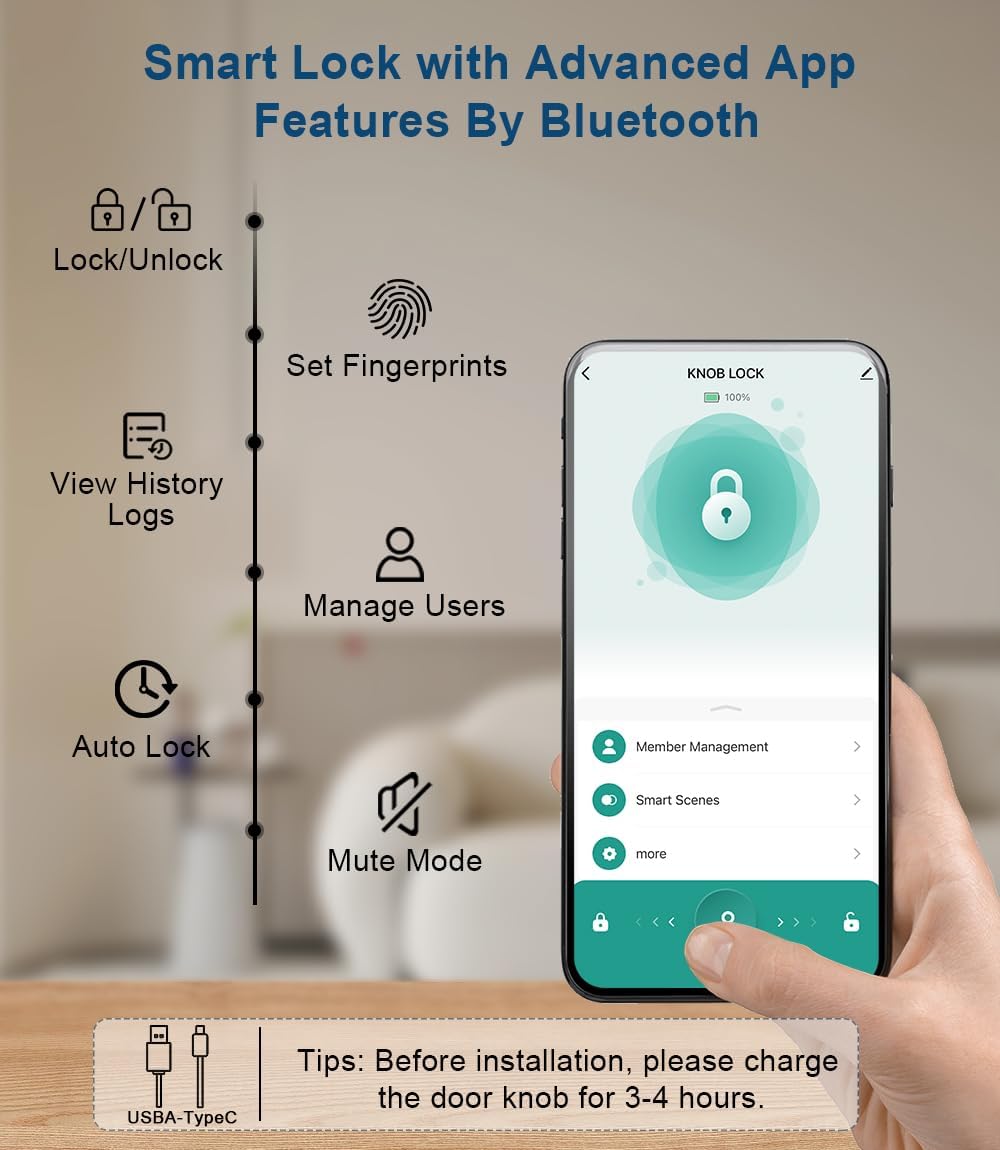 Fingerprint Door Lock, Smart Fingerprint Door Knob with Keypad, Biometric Door knobs with App Control, Auto Lock Door Lock with Code, Keyless Door Knob with Locks for Bedroom, Home,Office-Matte Black - Image 5