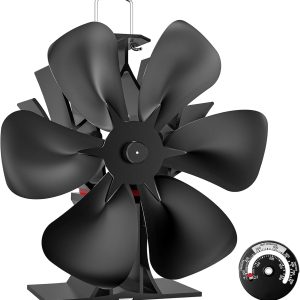 Large Wood Stove Fan with Therometer, 6 Blades Heat Powered Fireplace Burner Fan with 50% More Hot Airflow, Silent Operation,Circulation for Wood/Log Burner/Pellet Stove