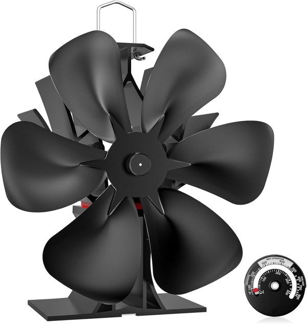 Large Wood Stove Fan with Therometer, 6 Blades Heat Powered Fireplace Burner Fan with 50% More Hot Airflow, Silent Operation,Circulation for Wood/Log Burner/Pellet Stove