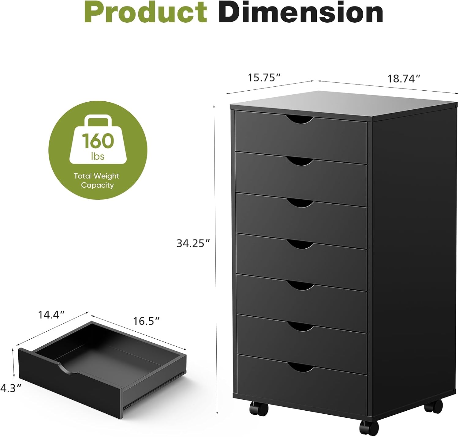 Sweetcrispy 7 Drawer Chest Mobile Storage Cabinets Wooden Dresser with Wheels Room Organization Furniture for Office Home, Black Wood - Image 3
