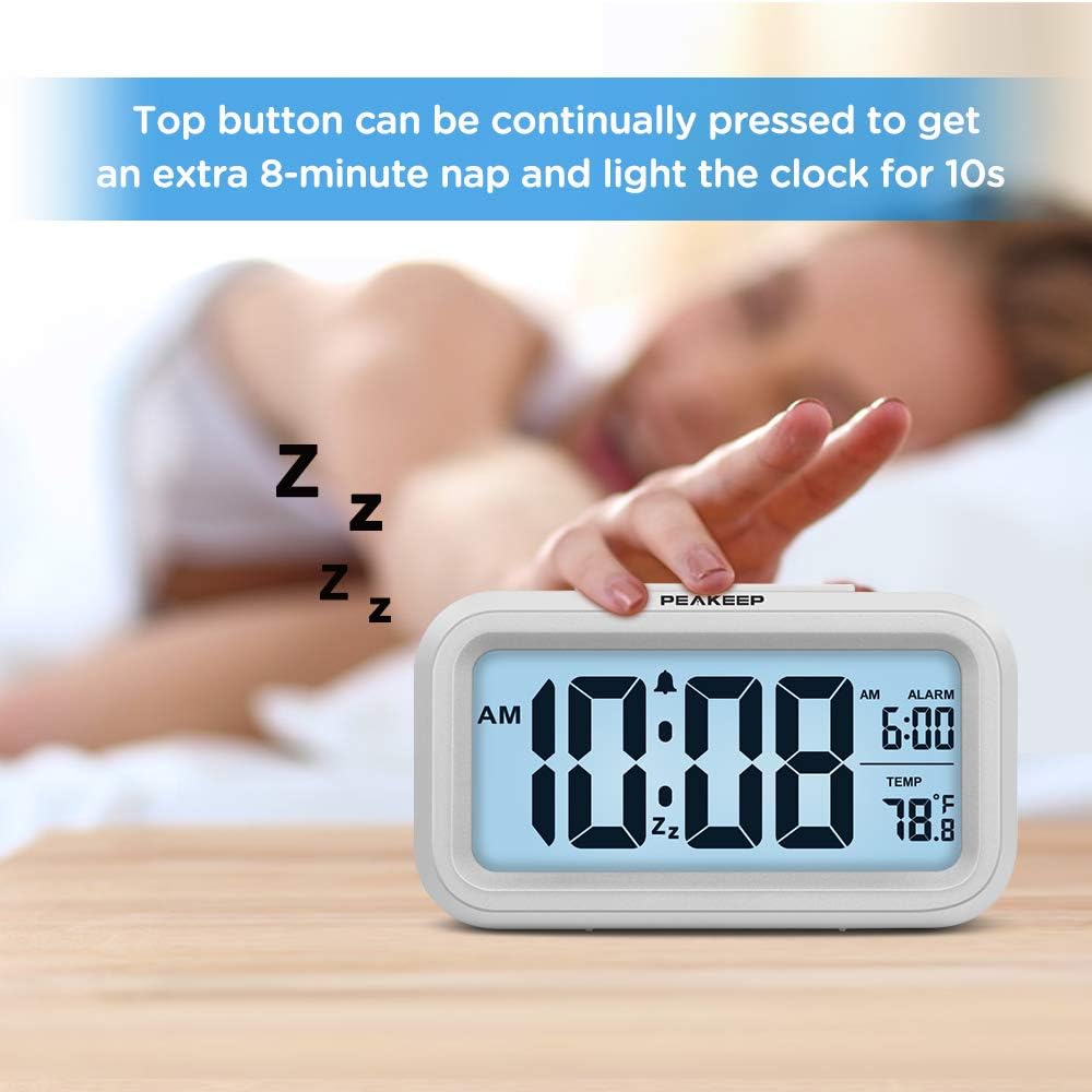 Peakeep Night Light Digital Alarm Clock Battery Operated with Indoor Temperature, Desk Small Clock (White) - Image 3