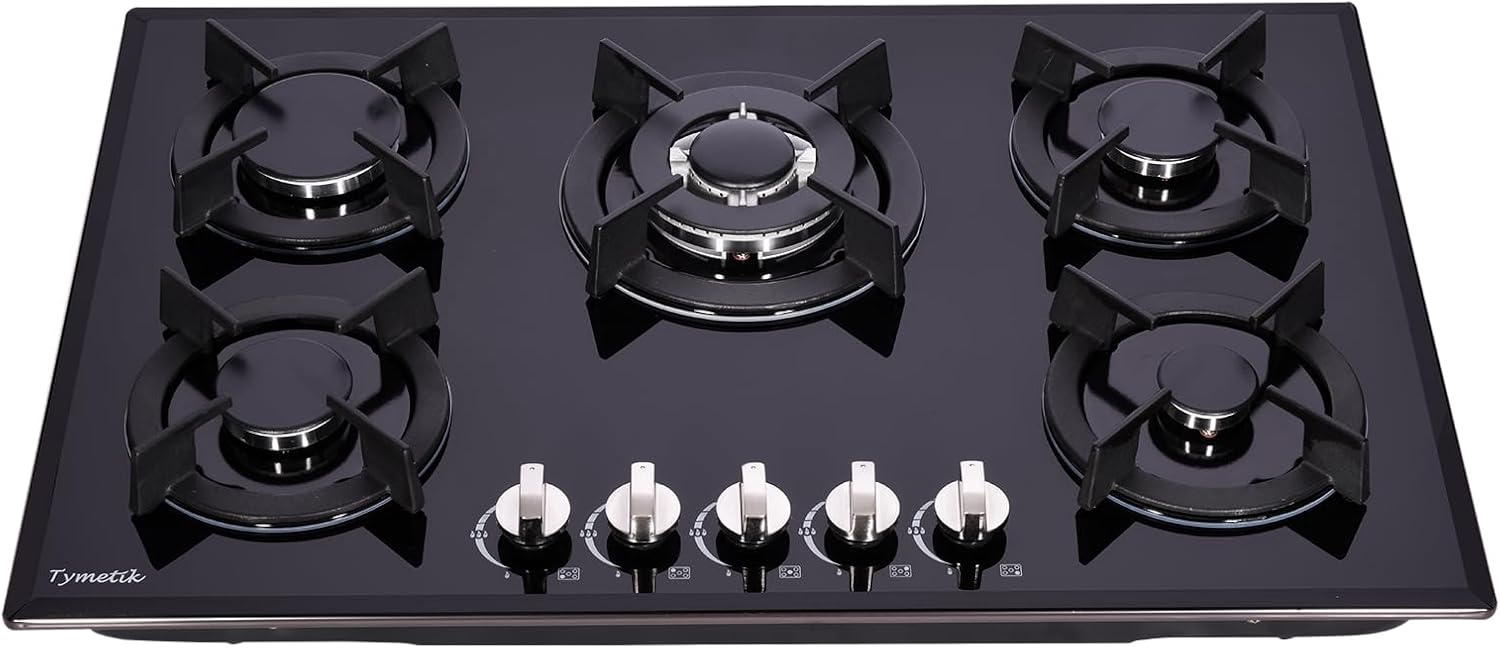 Gas Cooktop 30 Inch, Built-in Tempered Glass Gas Stovetop 5 High Efficiency Burners Gas Stove Top Propane/Natural Gas Convertible Gas Hob (Black)