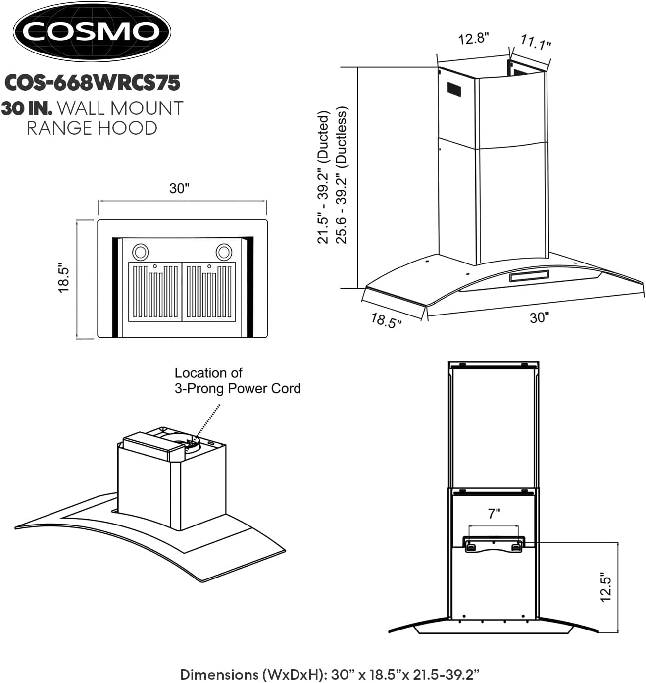 COSMO COS-668WRCS75 30 in. Vista Collection 380 CFM Ducted Wall Mount Range Hood, Touch Controls, LED Lights, Stainless Steel - Image 5