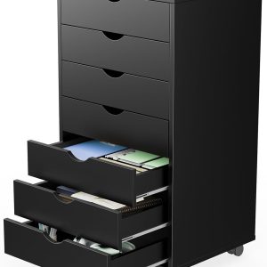 Sweetcrispy 7 Drawer Chest Mobile Storage Cabinets Wooden Dresser with Wheels Room Organization Furniture for Office Home, Black Wood
