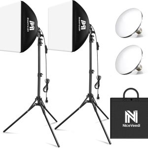 Softbox Lighting Kit, NiceVeedi 2-Pack 16'' x 16'' Softbox Photography Lighting Kit with 63” Tripod Stand & 5400K 450W Equivalent LED Bulb, Continuous Lighting for Photography/Video Record
