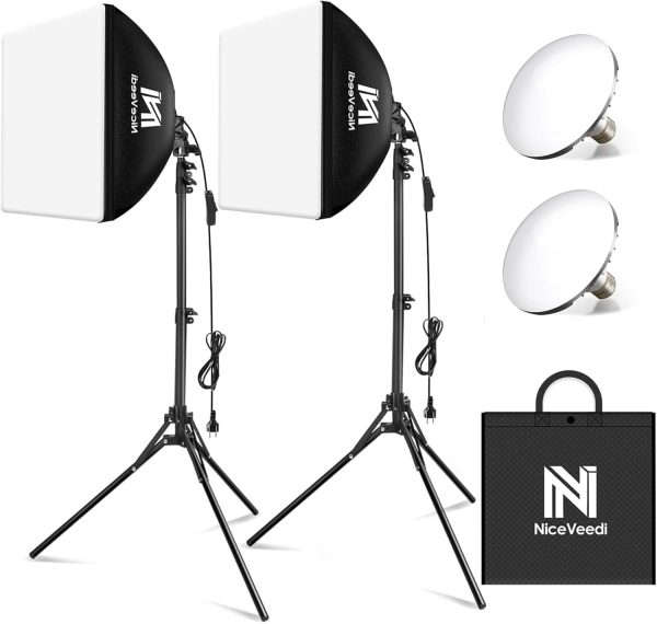 Softbox Lighting Kit, NiceVeedi 2-Pack 16'' x 16'' Softbox Photography Lighting Kit with 63” Tripod Stand & 5400K 450W Equivalent LED Bulb, Continuous Lighting for Photography/Video Record