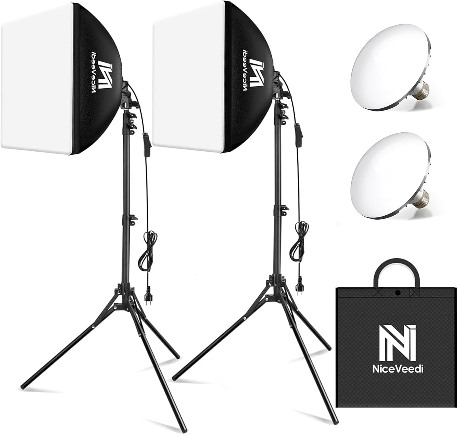 Softbox Lighting Kit, NiceVeedi 2-Pack 16'' x 16'' Softbox Photography Lighting Kit with 63” Tripod Stand & 5400K 450W Equivalent LED Bulb, Continuous Lighting for Photography/Video Record