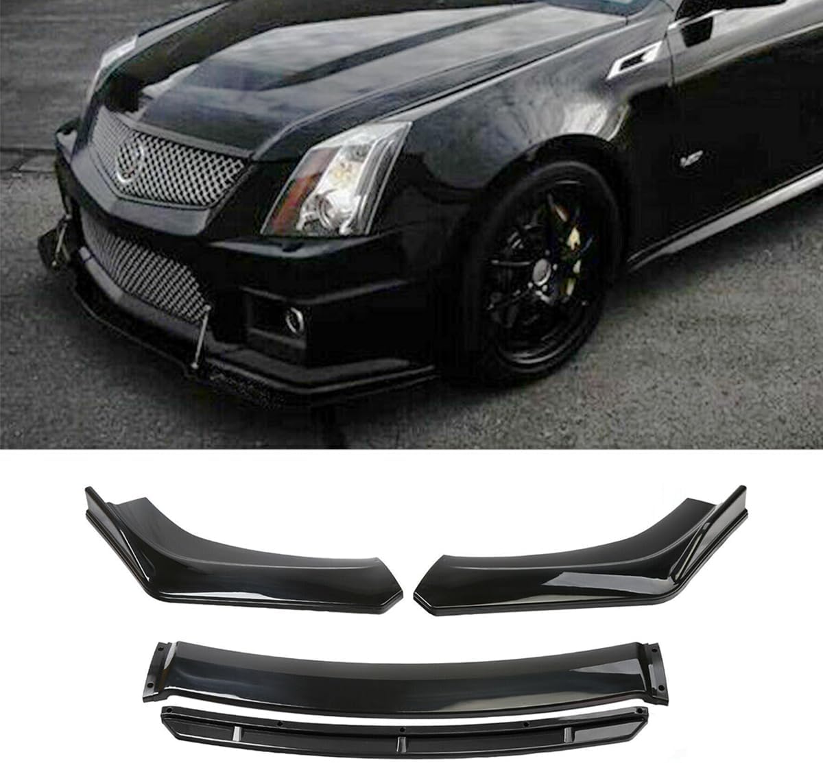 Compatible with 2009-2021 Cadi-llac CTS CTS-V Front Bumper Lip Body Kit Spoiler Splitter + Strut Rods Chin Diffuser Glossy Black - Image 6