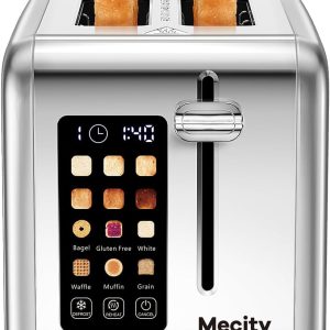 Mecity 2 Slice Toaster Touch Screen 1.5" Wide Slot, Stainless Steel Smart Bread Toaster for Bagel Muffin Waffle Gluten Free Breads, Timer, Defrost, Reheat, 120V 825W