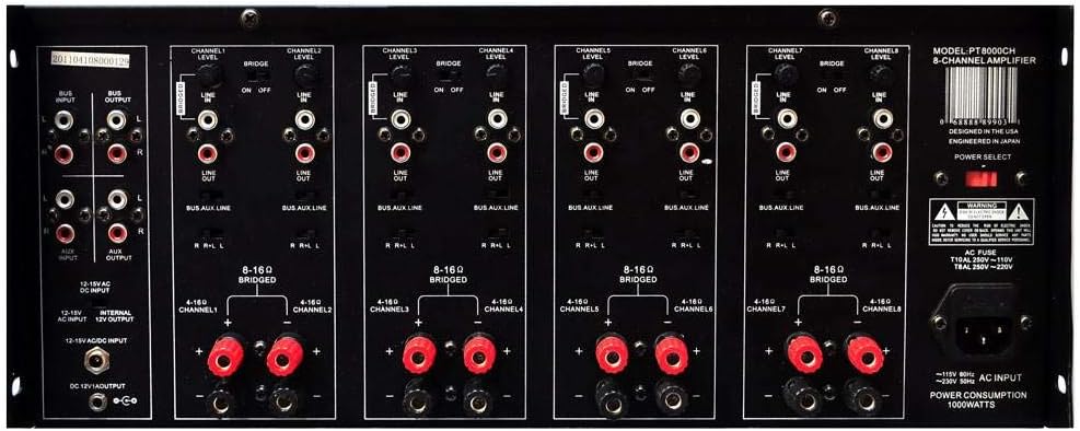 Pyle 4 Multi-Zone Stereo Amplifier - 19” Rack Mount, Powerful 8000 Watts with Speaker Selector Volume Control & LED Audio Level Display, 4-Ch. Bridgeable Switches - PT8000CH - Image 4