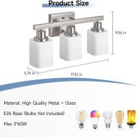 3-Light Bathroom Vanity Light,Brushed Nickel Vanity Lights with Square Frosted Glass,Modern Bathroom Wall Lights Fixtures Over Mirror,Wall Sconces Lighting for Bedroom Living Room,E26 - Image 3
