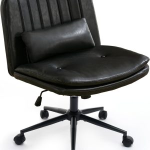Criss Cross Chair with Lumbar Pillow, Armless Cross Legged Chair, Wide Adjustable Height Swivel Chair Vanity Seating for Small Spaces, Make Up, Bed Room (PU Black)
