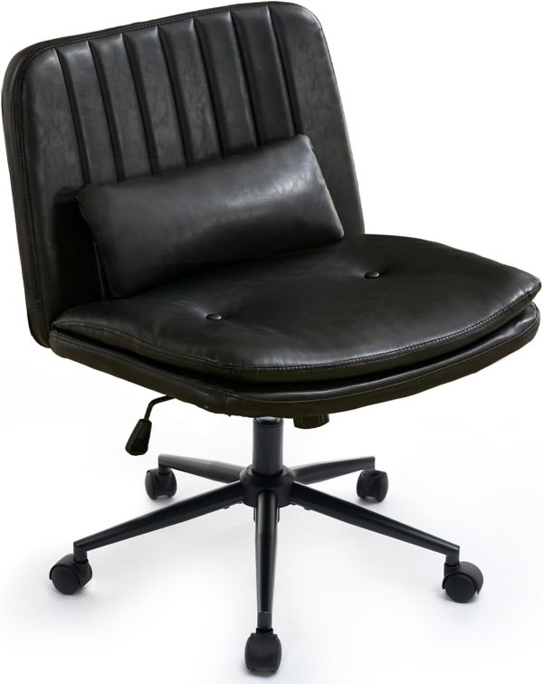 Criss Cross Chair with Lumbar Pillow, Armless Cross Legged Chair, Wide Adjustable Height Swivel Chair Vanity Seating for Small Spaces, Make Up, Bed Room (PU Black)
